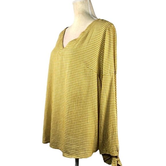 mittoshop Mustard & White Check Top Linen Blend Full Long Sleeve Size Large - Picture 2 of 9